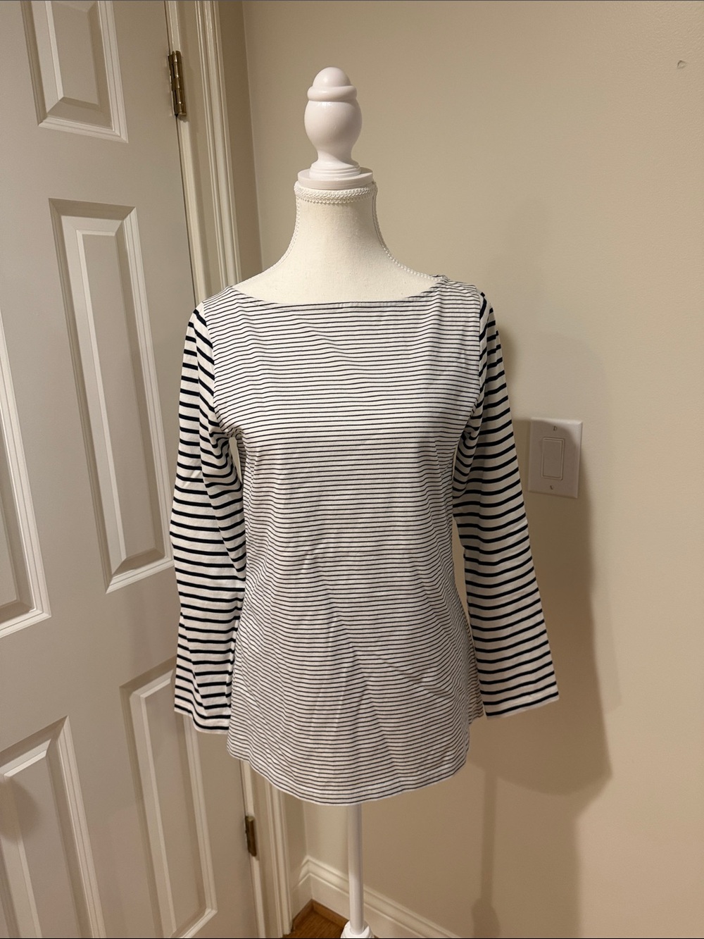 ANN MASHBURN Navy & White Striped Boatneck Long Sleeve Top